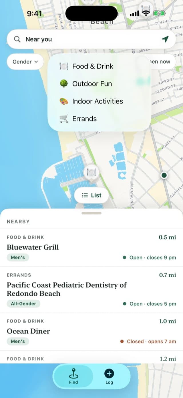 The DiaperPal map with the place type filter open